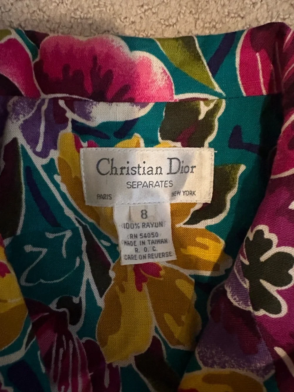 Christian Dior Vintage Floral Blazer Jacket Rayon Teal Pink Purple Size 8
